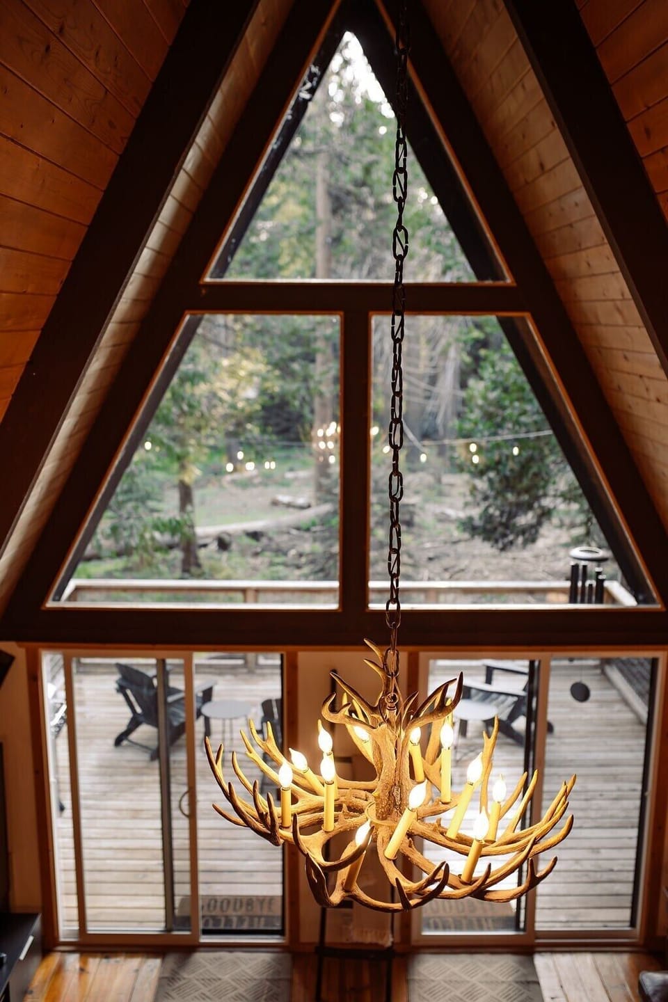 Antler chandelier from interior balcony