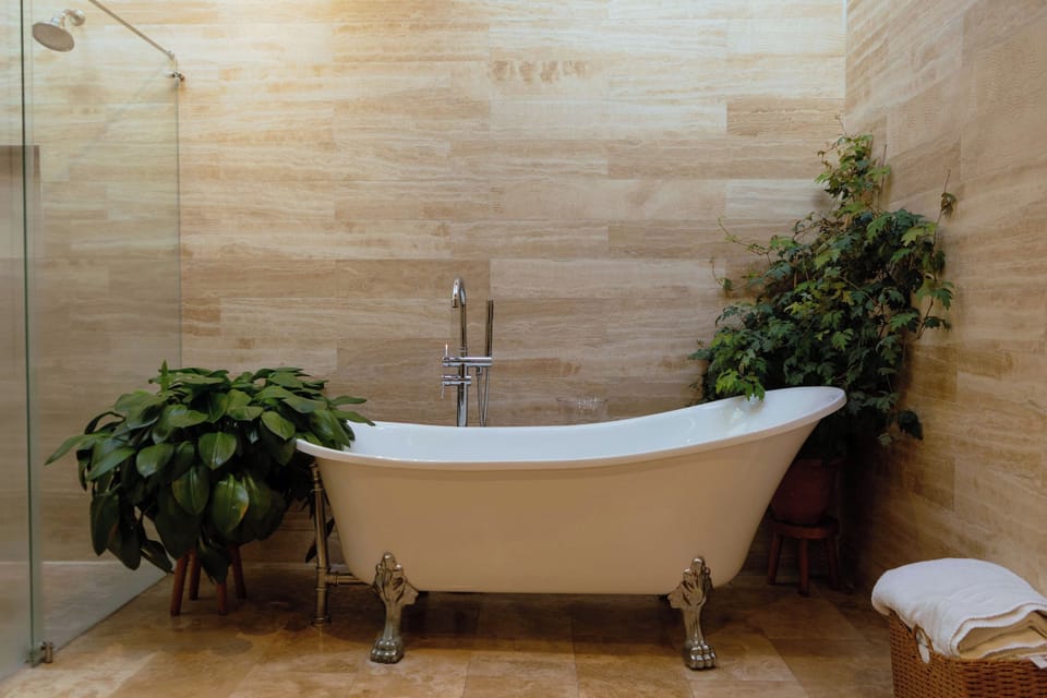 Main bathroom with clawfoot tub and glass-enclosed shower