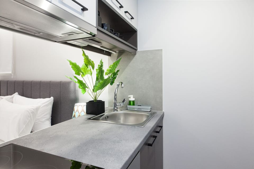 Studio | Private kitchen | Full-size fridge, oven, toaster, cookware/dishes/utensils