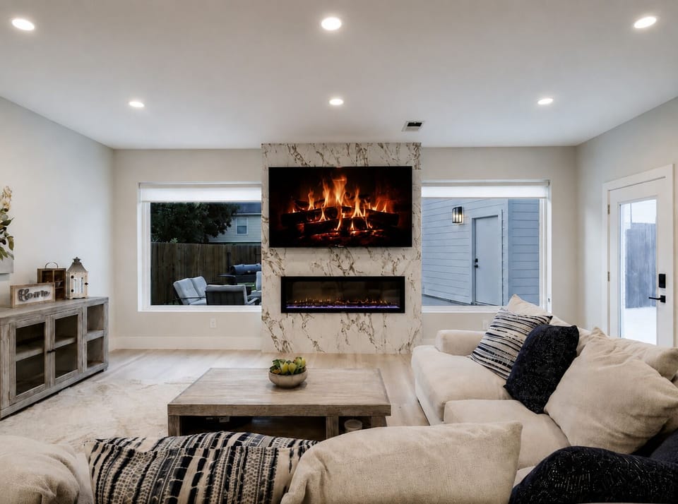 Living room featuring a 77” LG OLED TV and color changing electric fireplace.