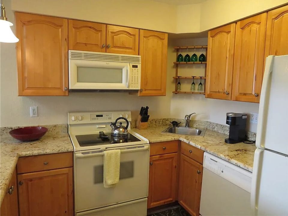 Microwave, stove, dishwasher, and full size fridge.  