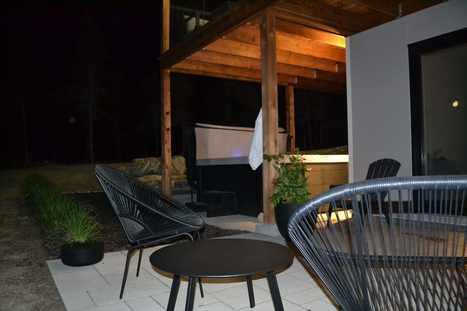 Terrace, garden level at night 