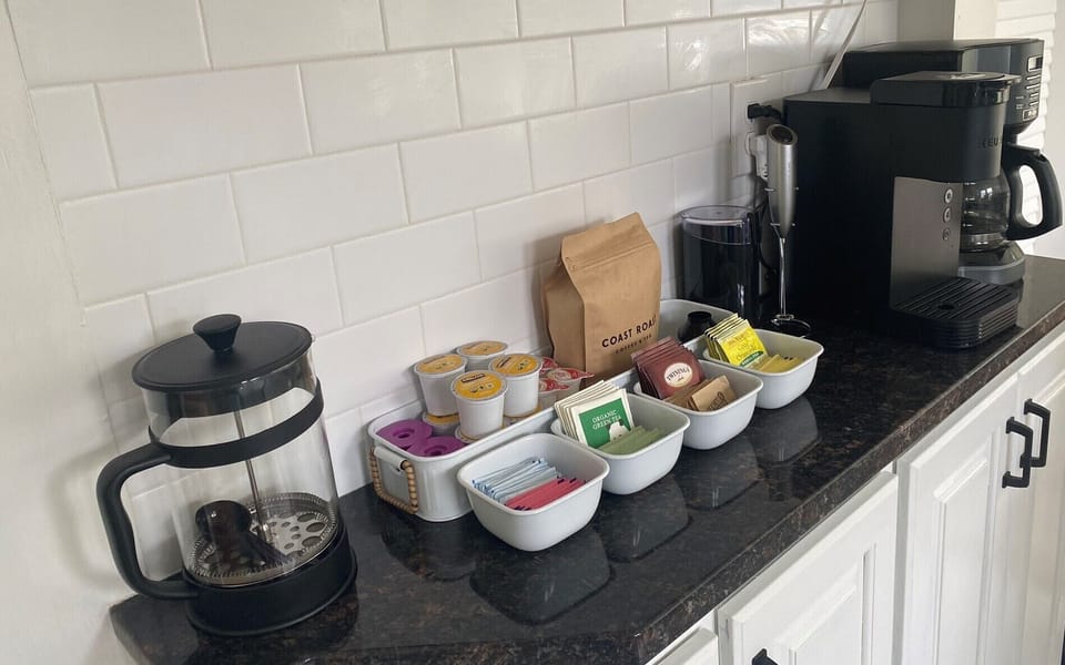 Fully stocked coffee bar - drip coffee maker, Keurig, French press, grinder