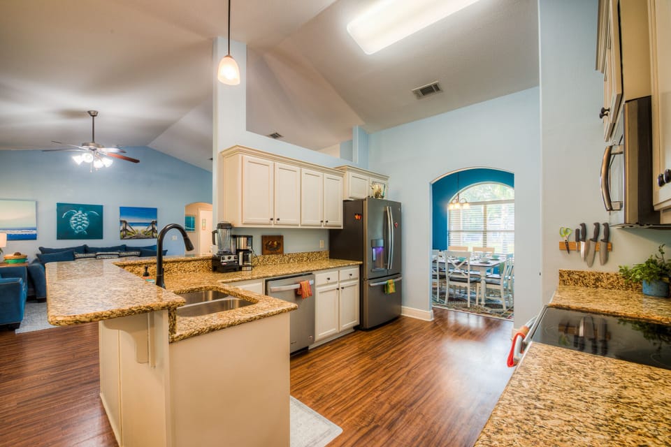 View from the kitchen to the dinning room.