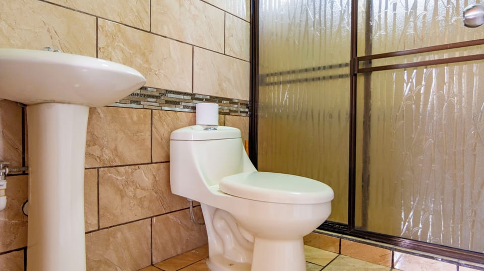 Bathroom 1: toilet beside the shower enclosure.