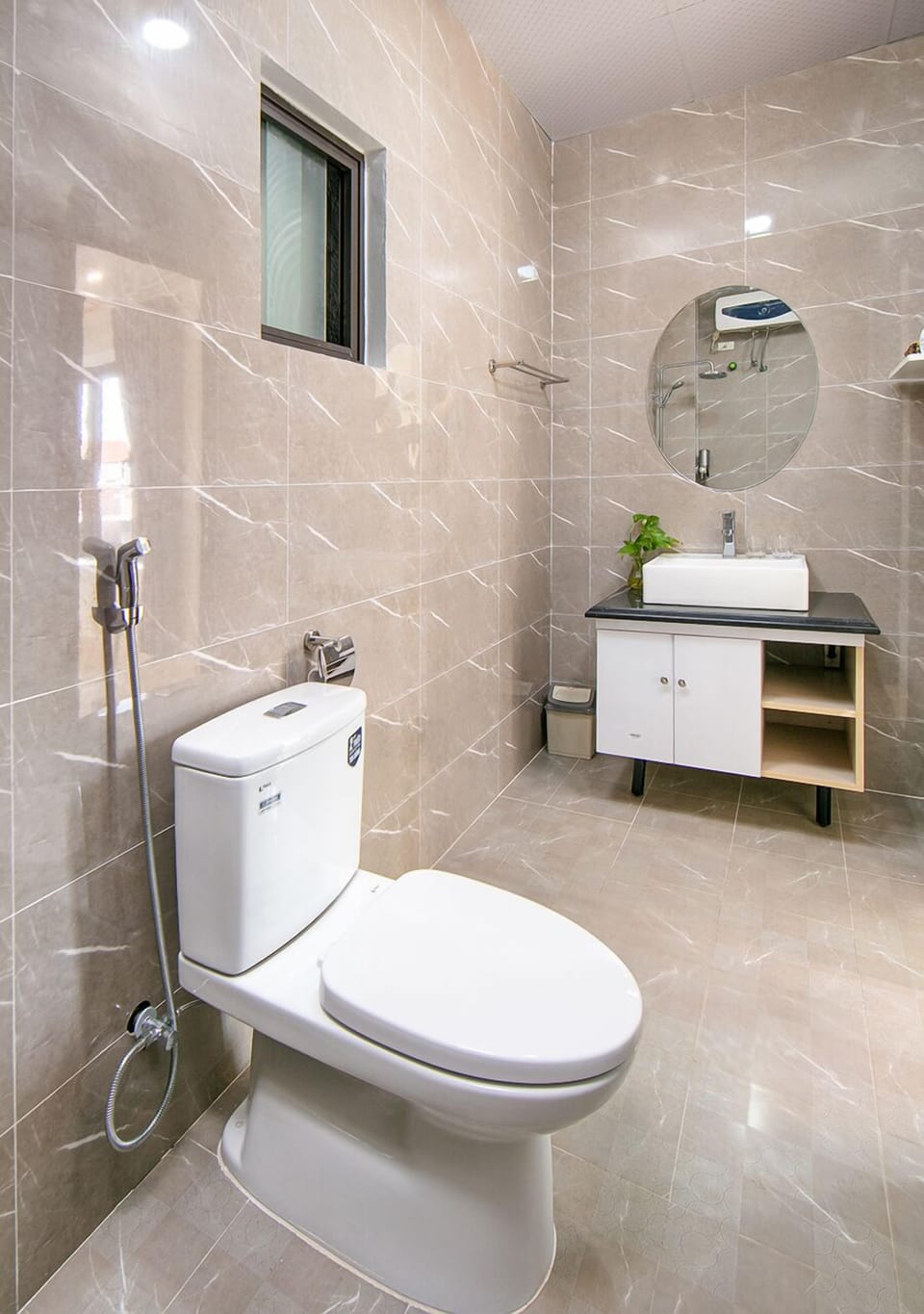 Shower, hydromassage showerhead, designer toiletries, hair dryer