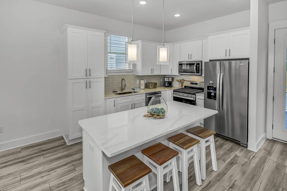 This brand-new kitchen is fully stocked with everything you will need during your stay