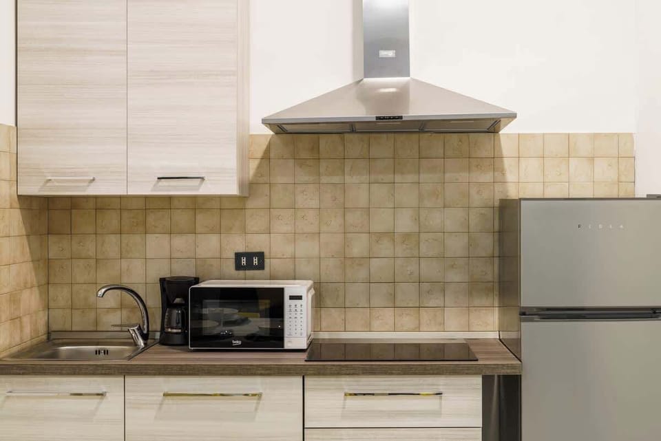 Particolare della cucina completa, da qui si possono vedere tutti gli elettrodomestici di cui è dotata: Frigorifero, Freezer, piano ad induzione, forno a microonde, lavastoviglie e macchina del caffè.