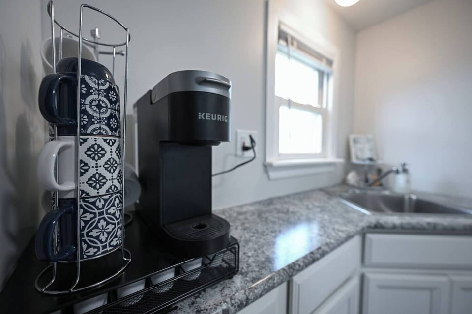 Keurig coffee maker for your coffee convenience in the morning.  K-Cups are also provided for you!