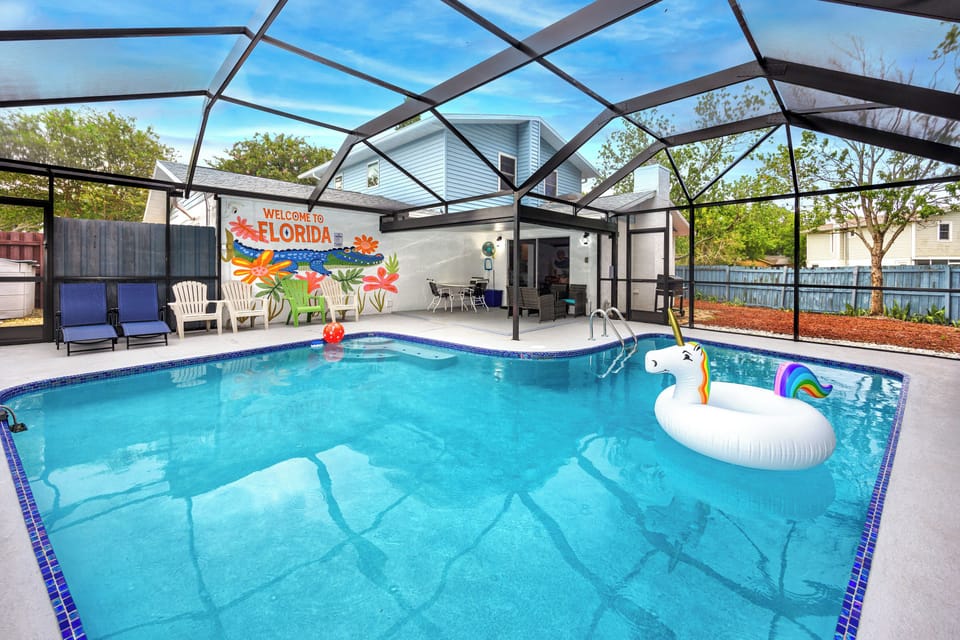 Swim day or night in the covered pool with mosquito screening and sun protection