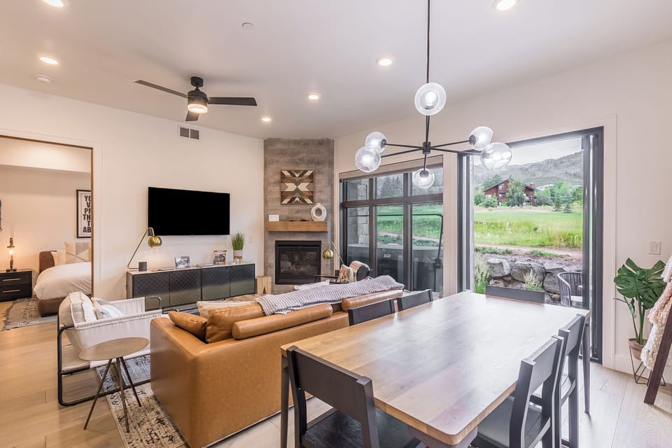 Dining table has seating for 6.