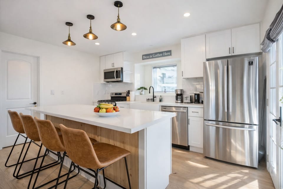 Kitchen island and dining space in Airbnb near University of Southern California
