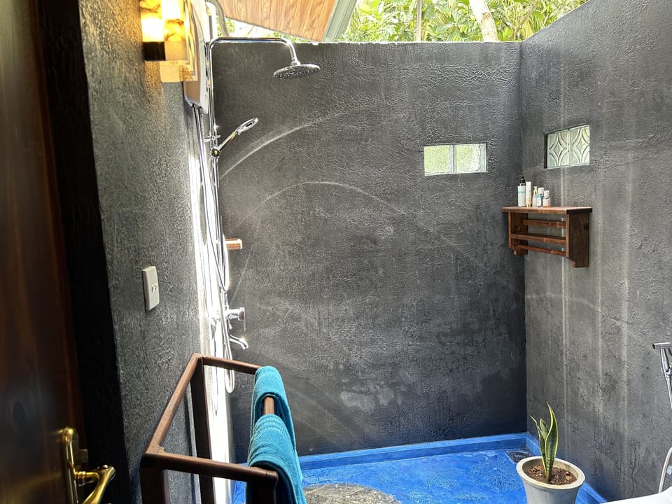 Shower, rainfall showerhead, free toiletries, hair dryer