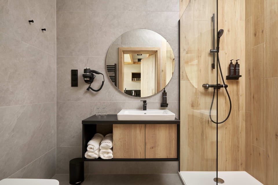 Hair dryer, towels, soap, toilet paper