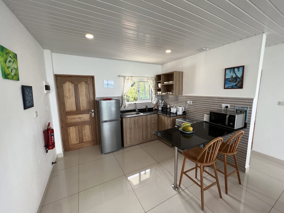 Coffee/tea maker, fridge, microwave, oven