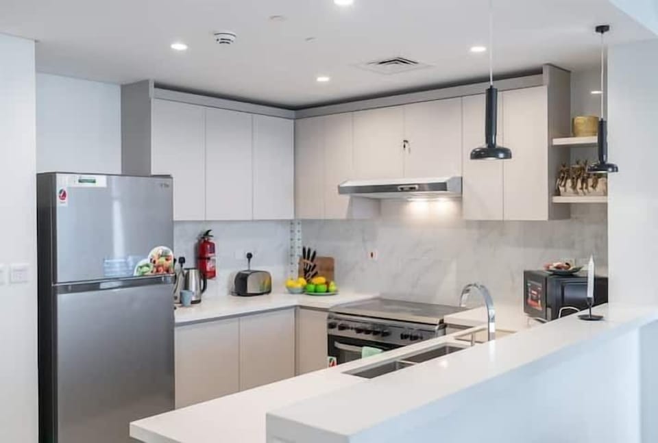 Superior Apartment | Private kitchen | Full-size fridge, microwave, stovetop, electric kettle