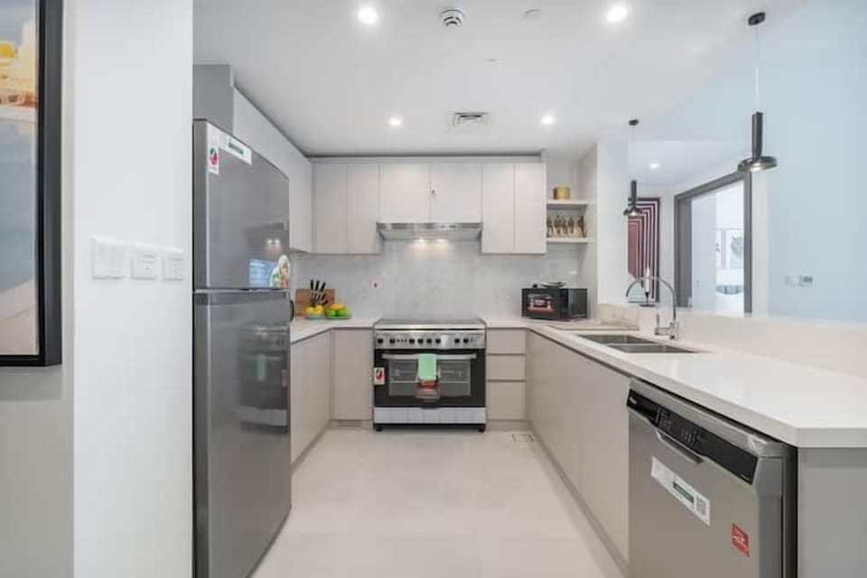 Superior Apartment | Private kitchen | Full-size fridge, microwave, stovetop, electric kettle
