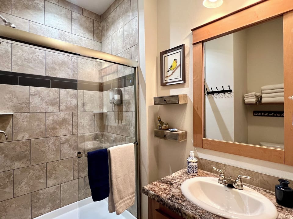 Hall upstairs bathroom.  Towels, soap, shampoo, conditioner, and hair dryer!