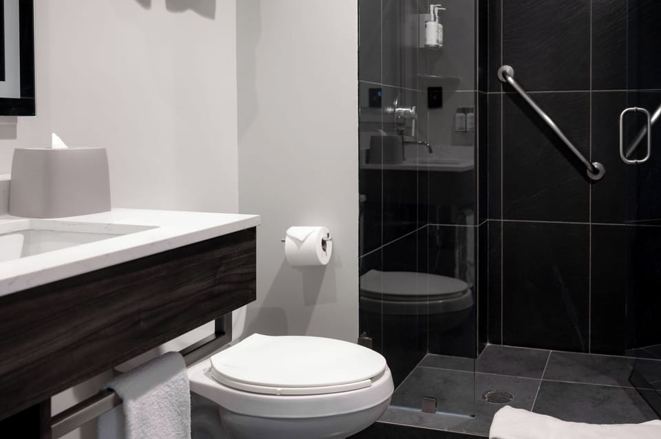 Standard Room, 1 Queen Bed, Accessible | Bathroom | Shower, free toiletries, hair dryer, towels