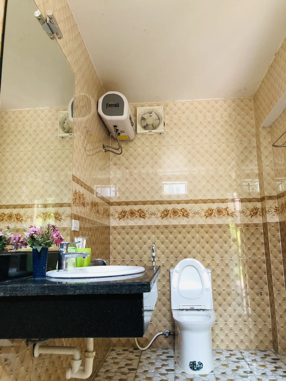 Shower, hydromassage showerhead, designer toiletries, hair dryer