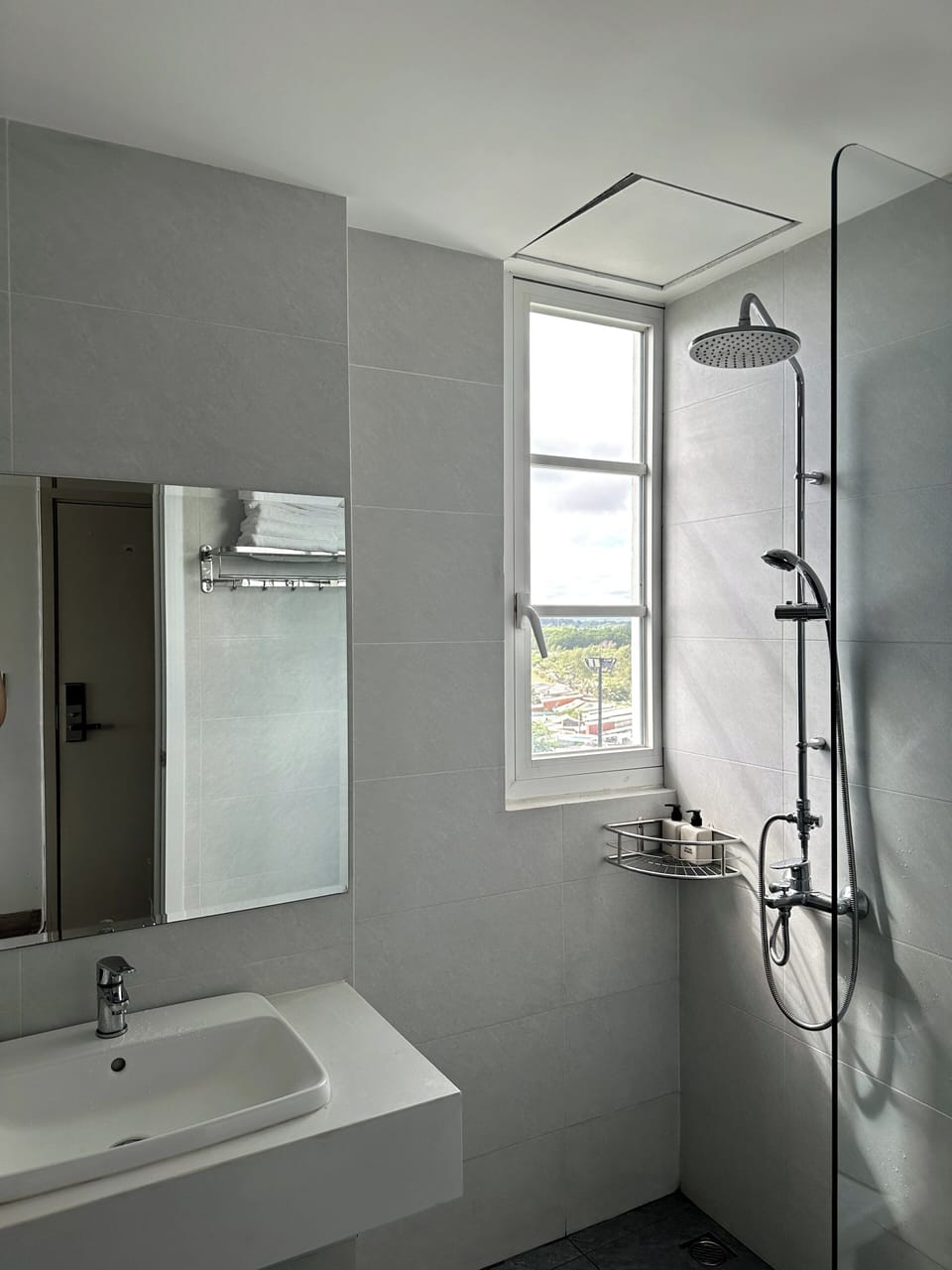 Shower, hydromassage showerhead, designer toiletries, hair dryer