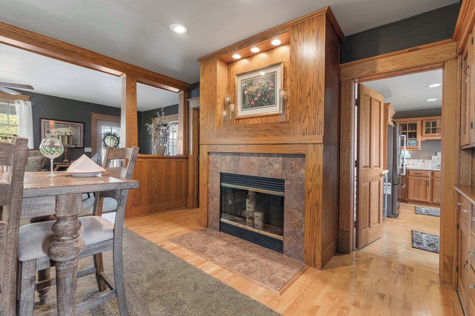 Dining room fireplace offers beautiful aesthetics but is not for guest use