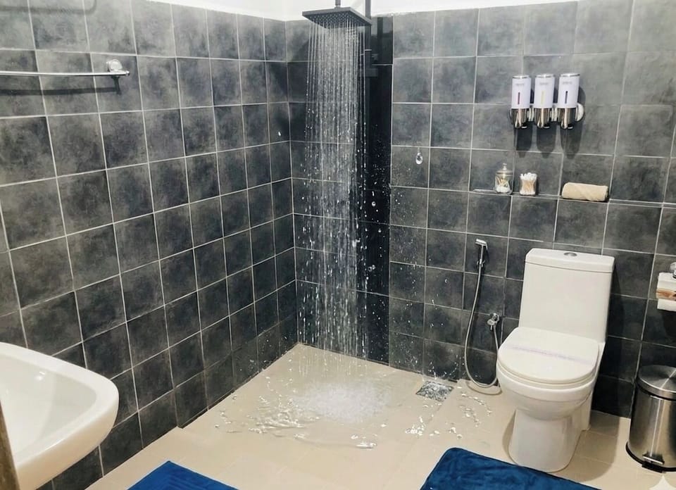 Shower, designer toiletries, hair dryer, bathrobes