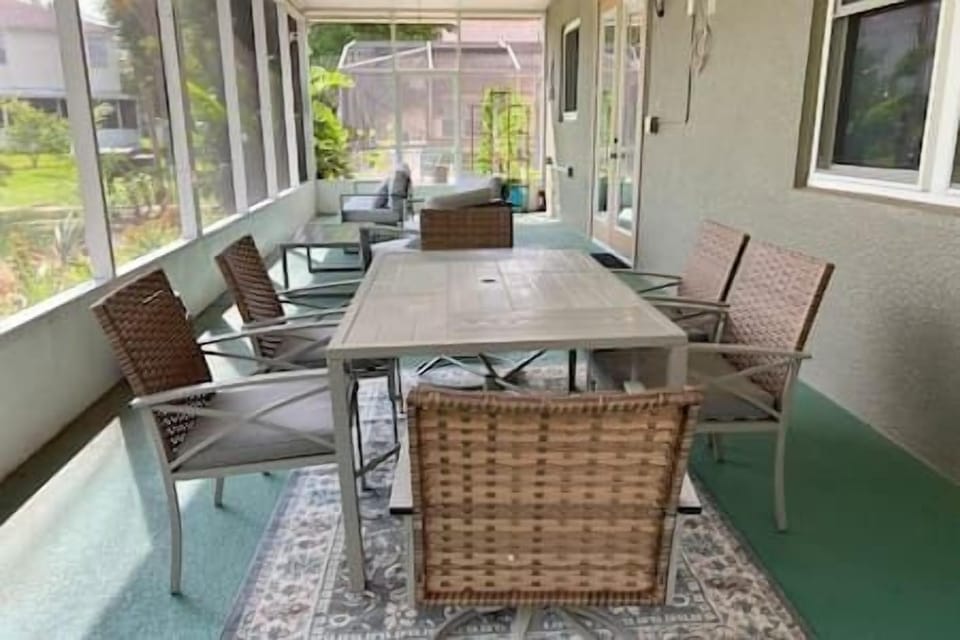 Patio is shaded and patio furniture includes dining for 6 (two extra chairs are available as well). In addition, there is a couch, two lounging chairs and a coffee table.