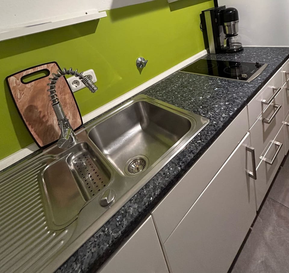 Full-size fridge, oven, stovetop, dishwasher