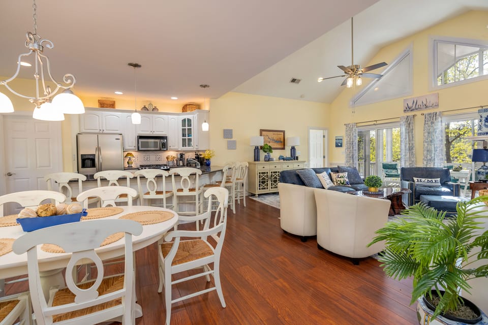 The open floorplan flows from dining area  into the great room