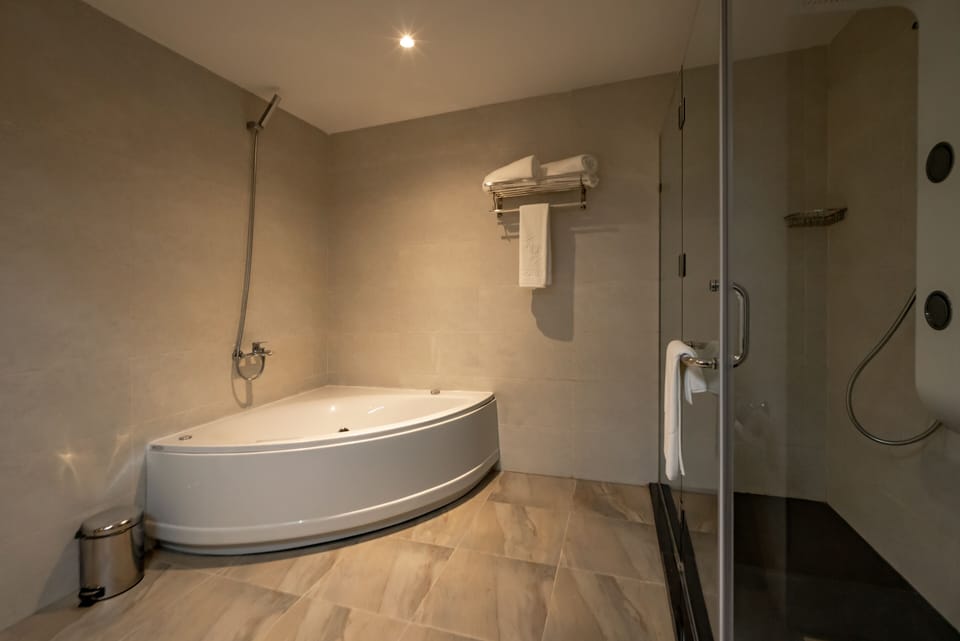 Shower, designer toiletries, hair dryer, bathrobes