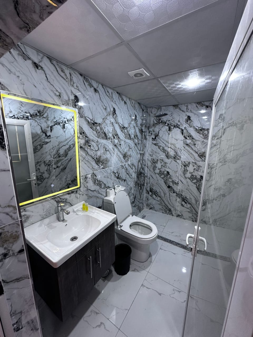 Separate tub and shower, rainfall showerhead, bidet, towels