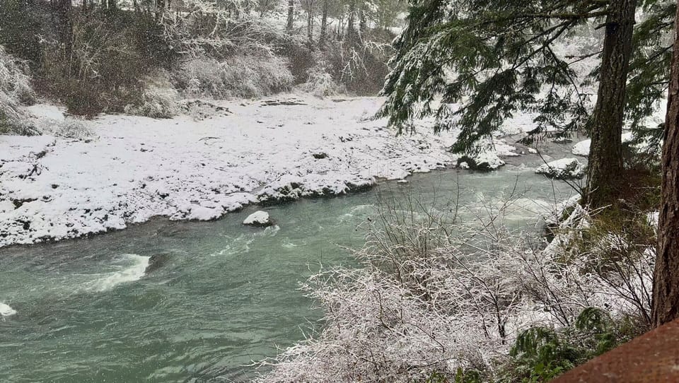 Winter brings a magical setting, perfect for enjoying the spa as it snows.