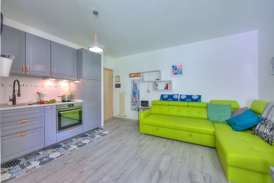 The living area with kitchen