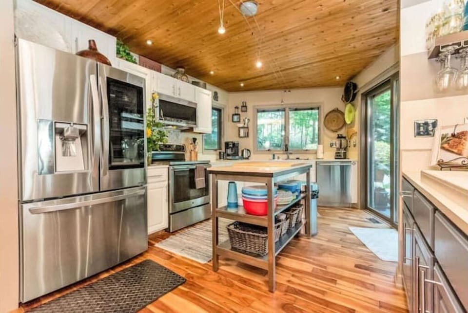 There's plenty of counter space for multiple cooks, high-end appliances. 
