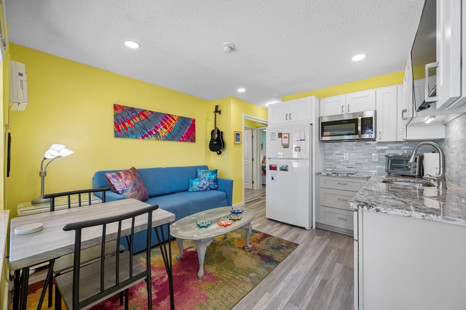 Colorful living space with a beachy vibe