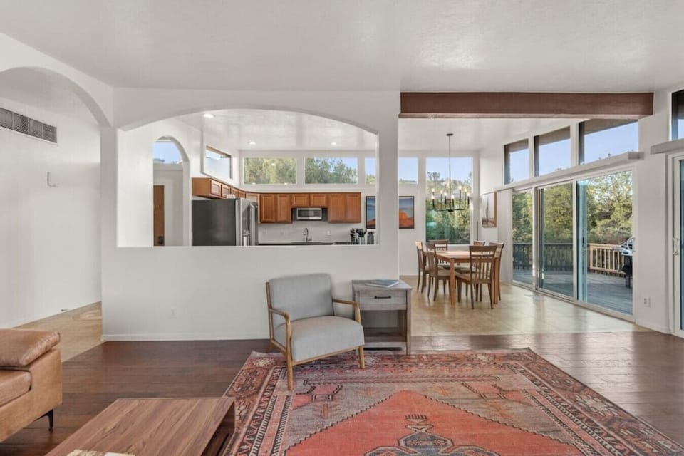 The kitchen and dining room as viewed from the living room