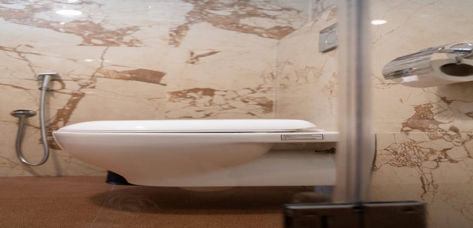 Shower, rainfall showerhead, towels, soap