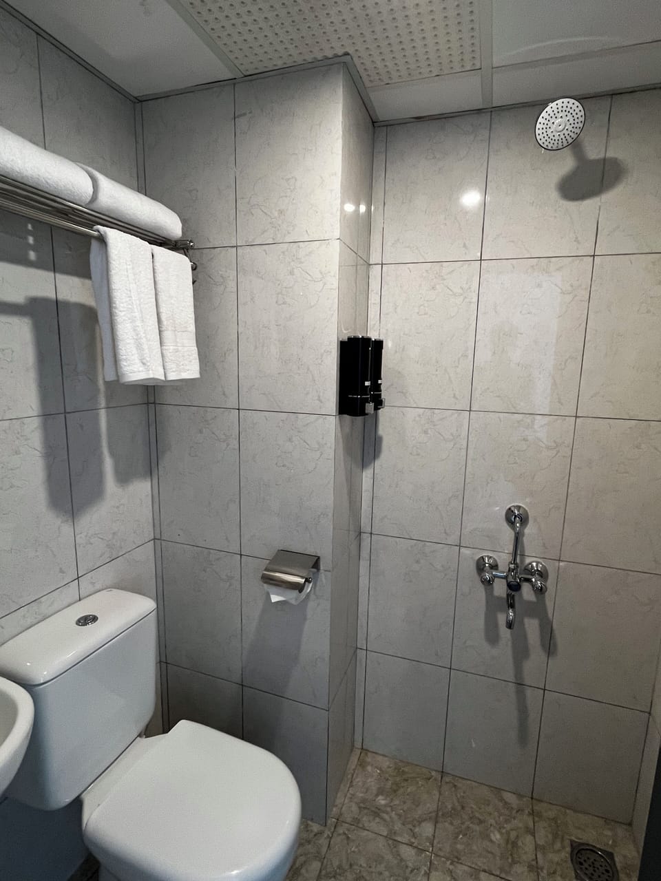 Shower, free toiletries, towels, soap