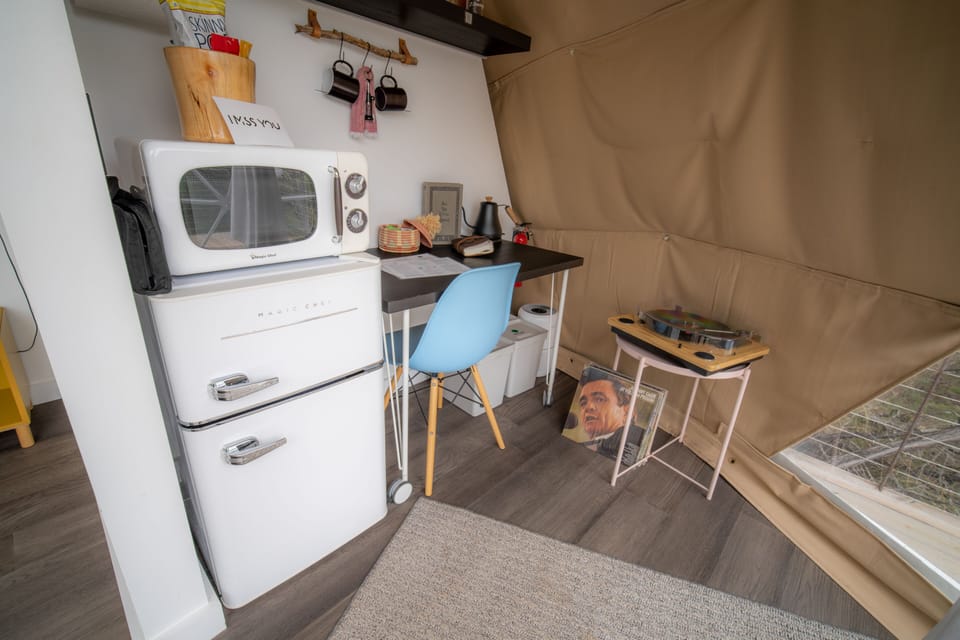 Mini-fridge, microwave, coffee/tea maker, electric kettle