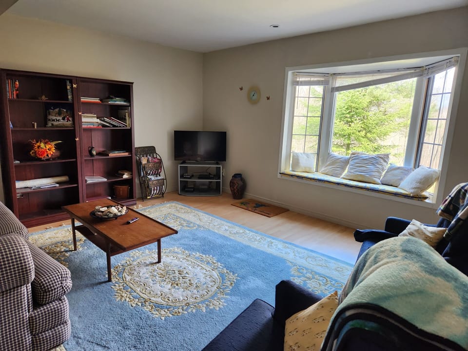 Livingroom with TV, WIFI, bay window, pull out couch and desk behind the couch.