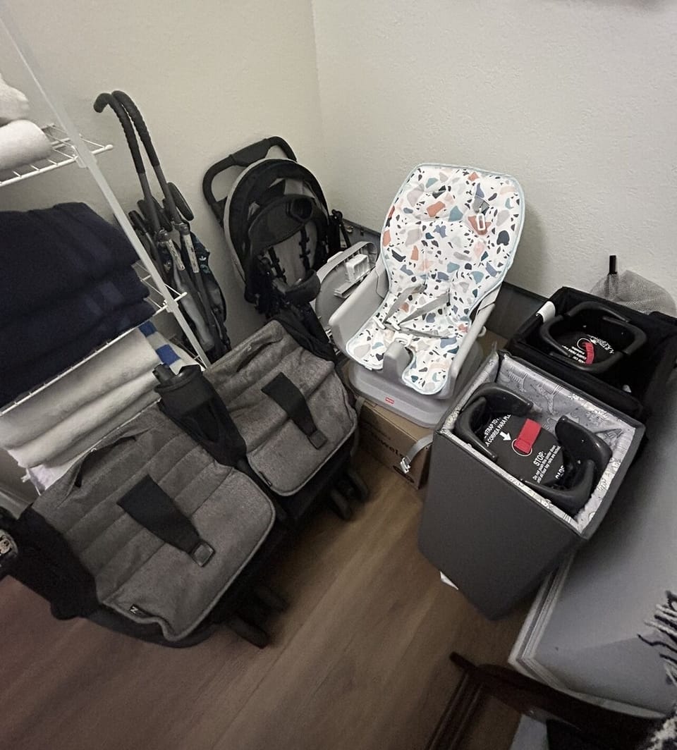 Master closet - with 2 pack and plays. 1 Double stroller, 2 single strollers