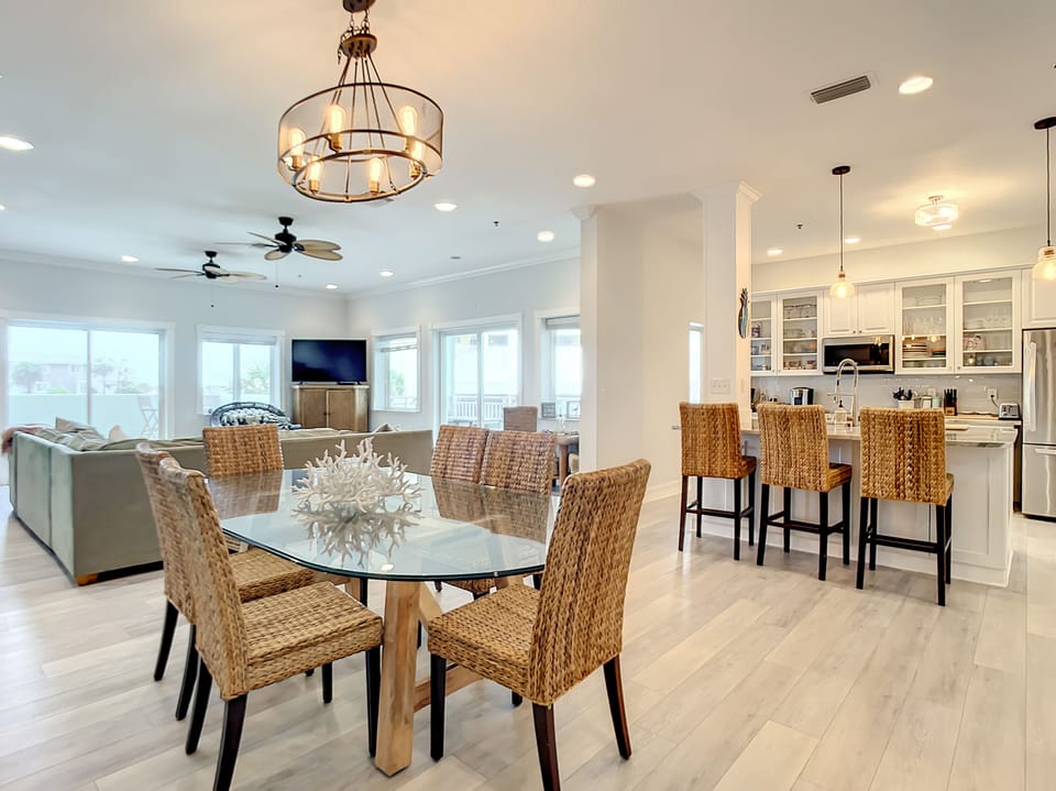 Open floor kitchen, living & dining area with dining table seating for 6