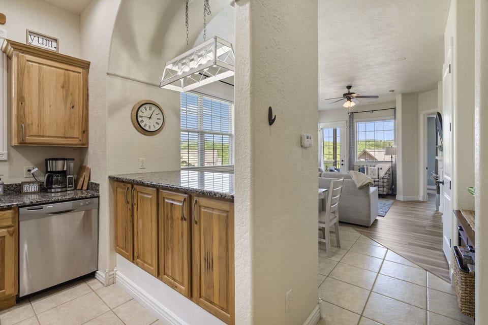 Beautiful granite countertops.  Coffee and tea provided.