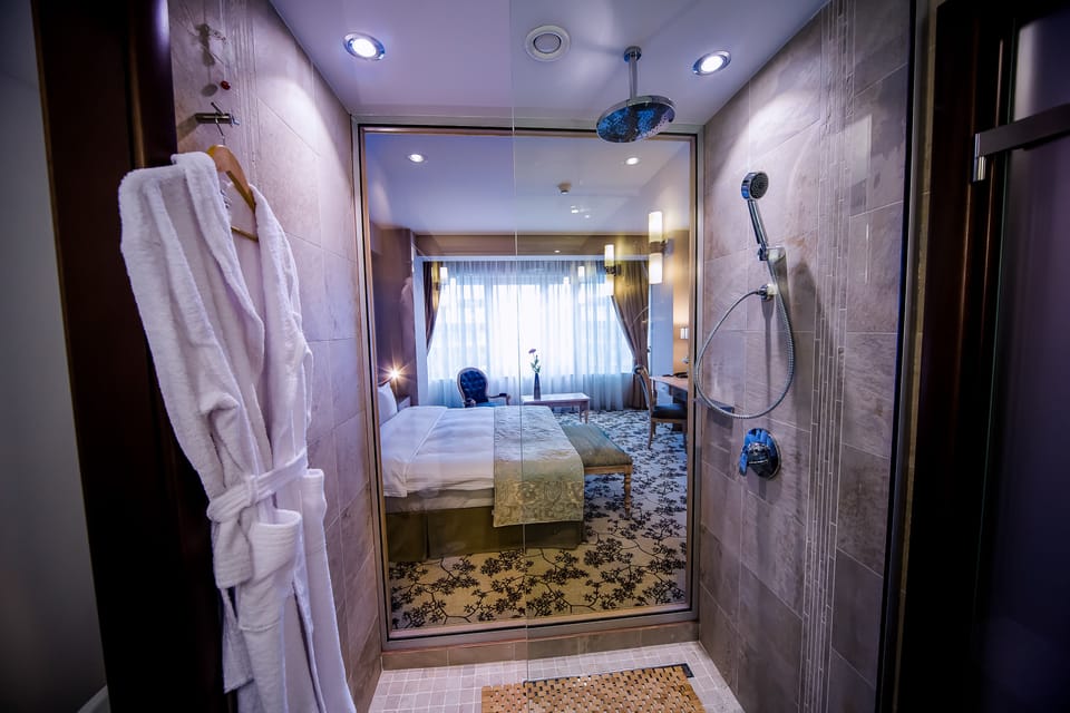 Shower, free toiletries, hair dryer, bathrobes