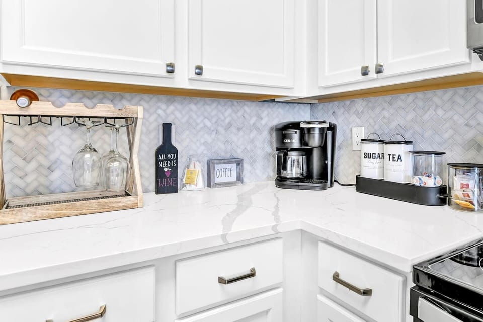 Coffee & wine station on the counter, making mornings easy & evenings extra relaxed