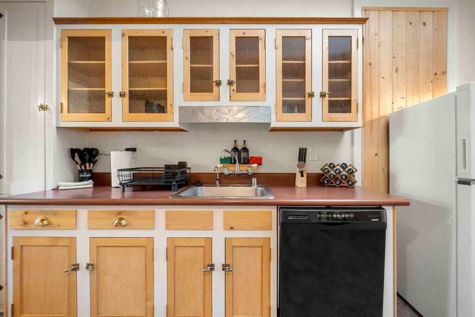 The kitchen area has ample cupboard storage