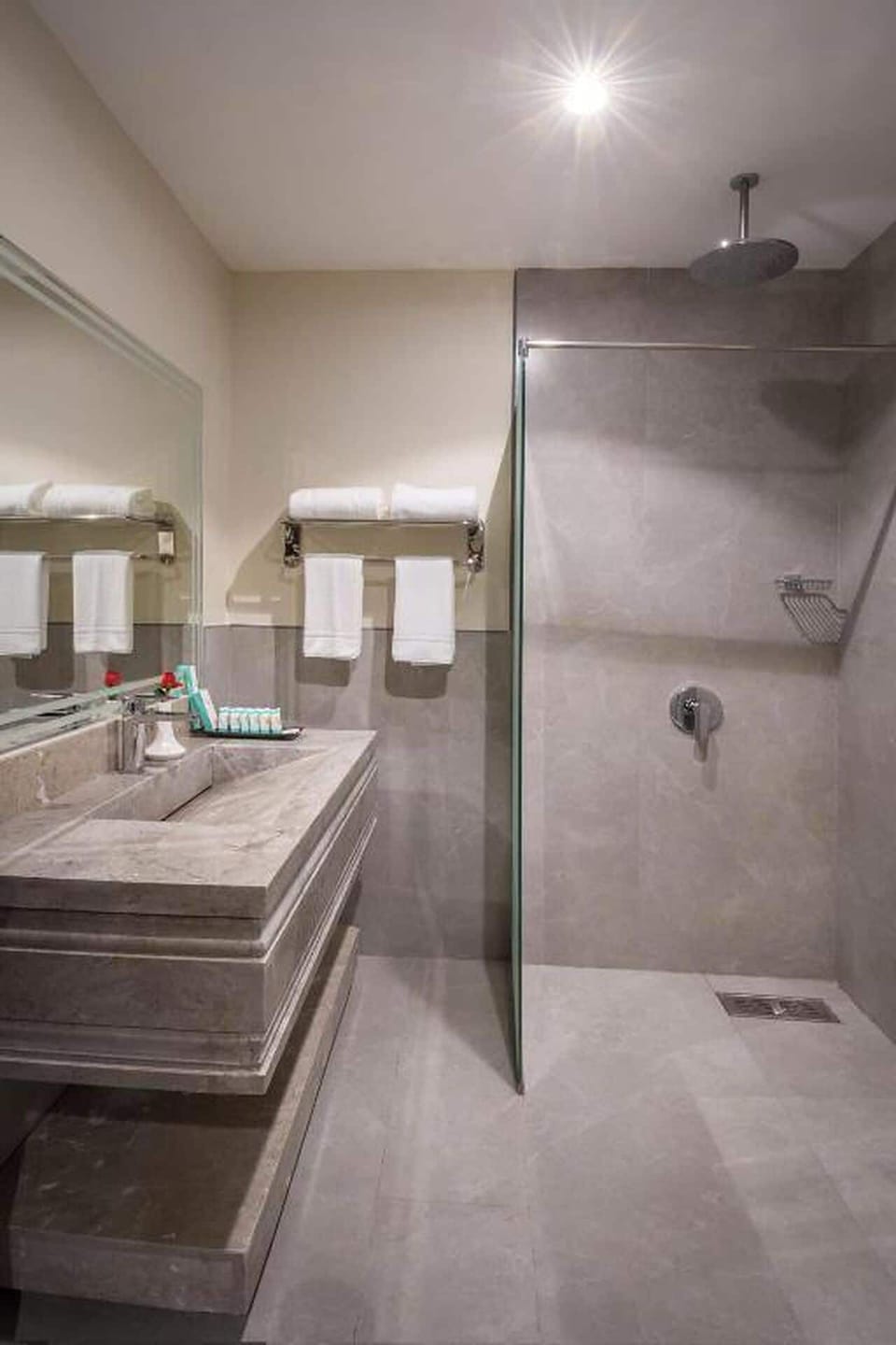 Shower, hair dryer, slippers, toilet paper
