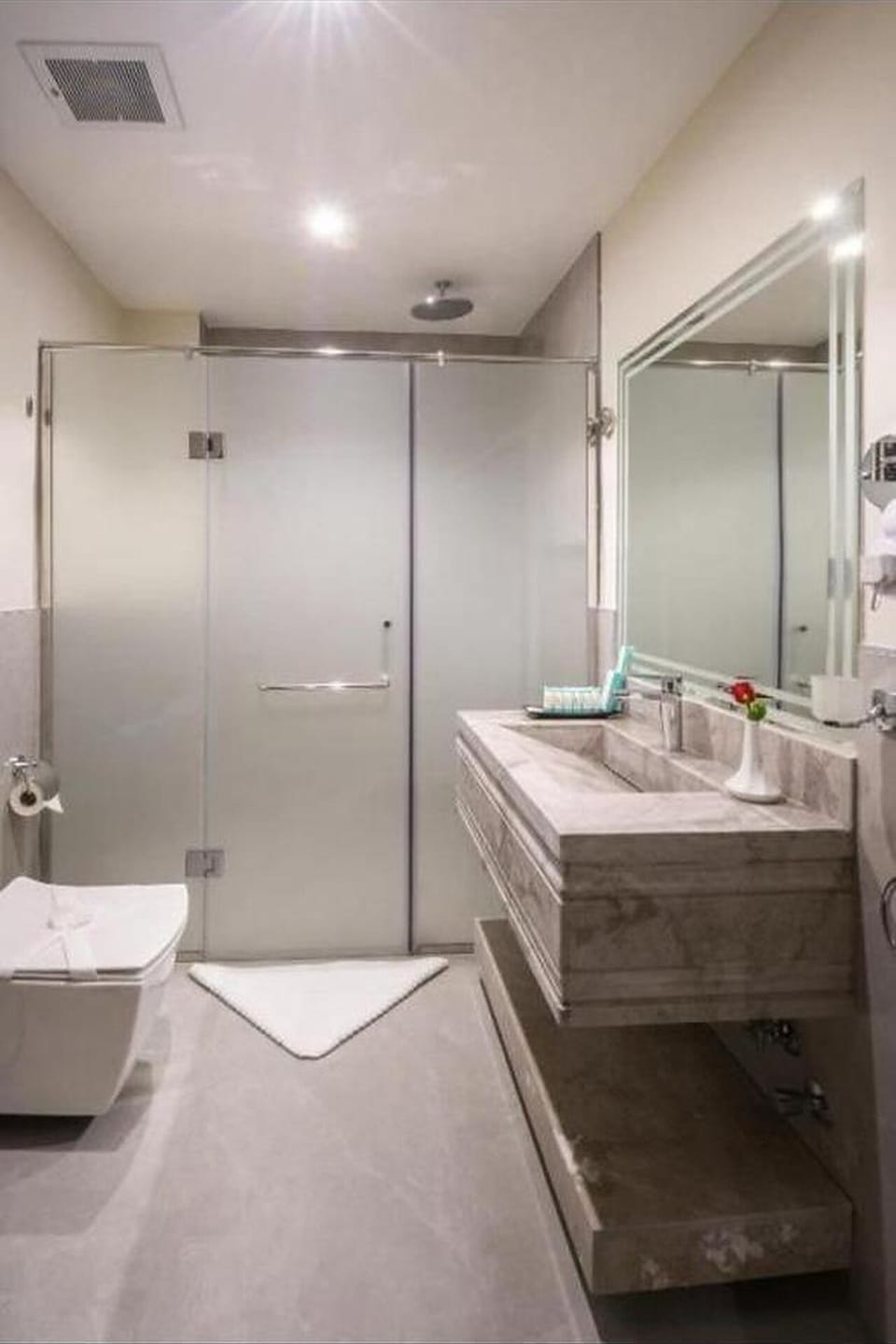 Shower, hair dryer, slippers, toilet paper