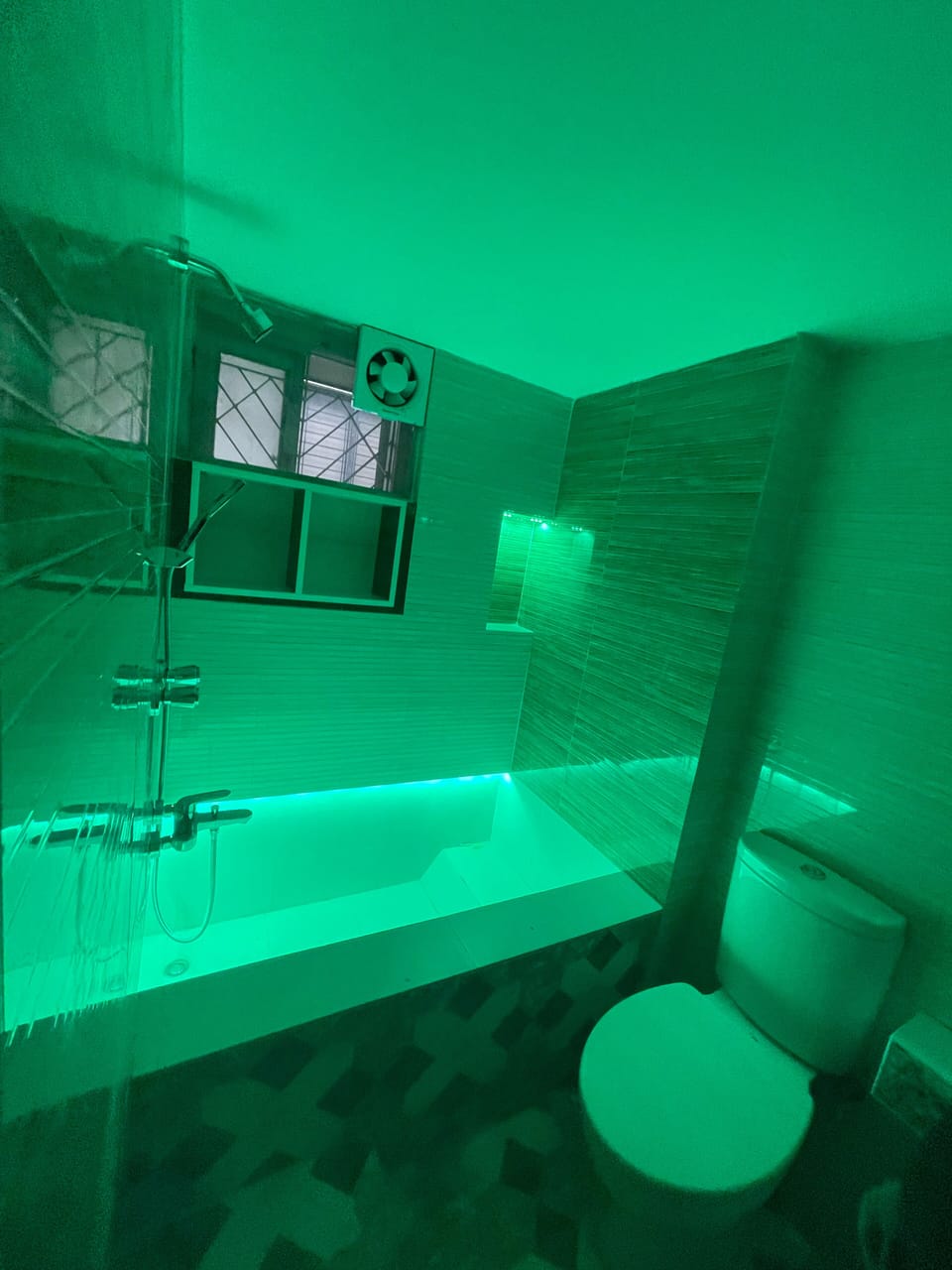 Shower, rainfall showerhead, designer toiletries, hair dryer